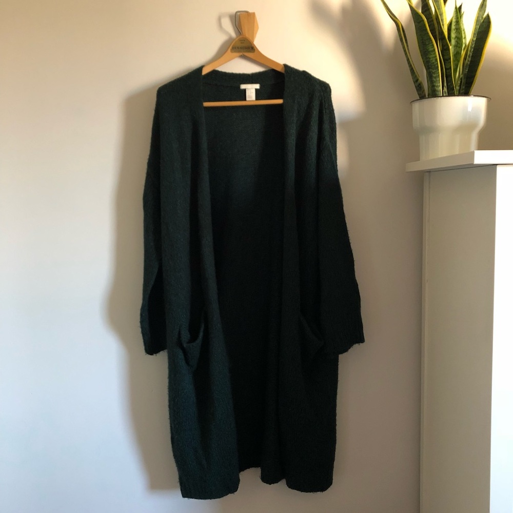 H&M XL Dark Green Knit Long Cardigan Sweater